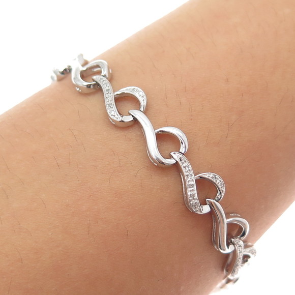 SUN 925 Sterling Silver Real Round-Cut Diamond Heart Link Bracelet 7